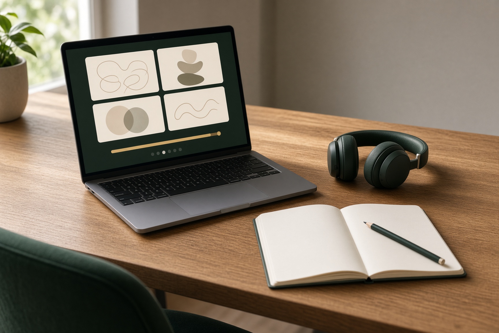A laptop open to an online course, with headphones and a notebook on the desk.
