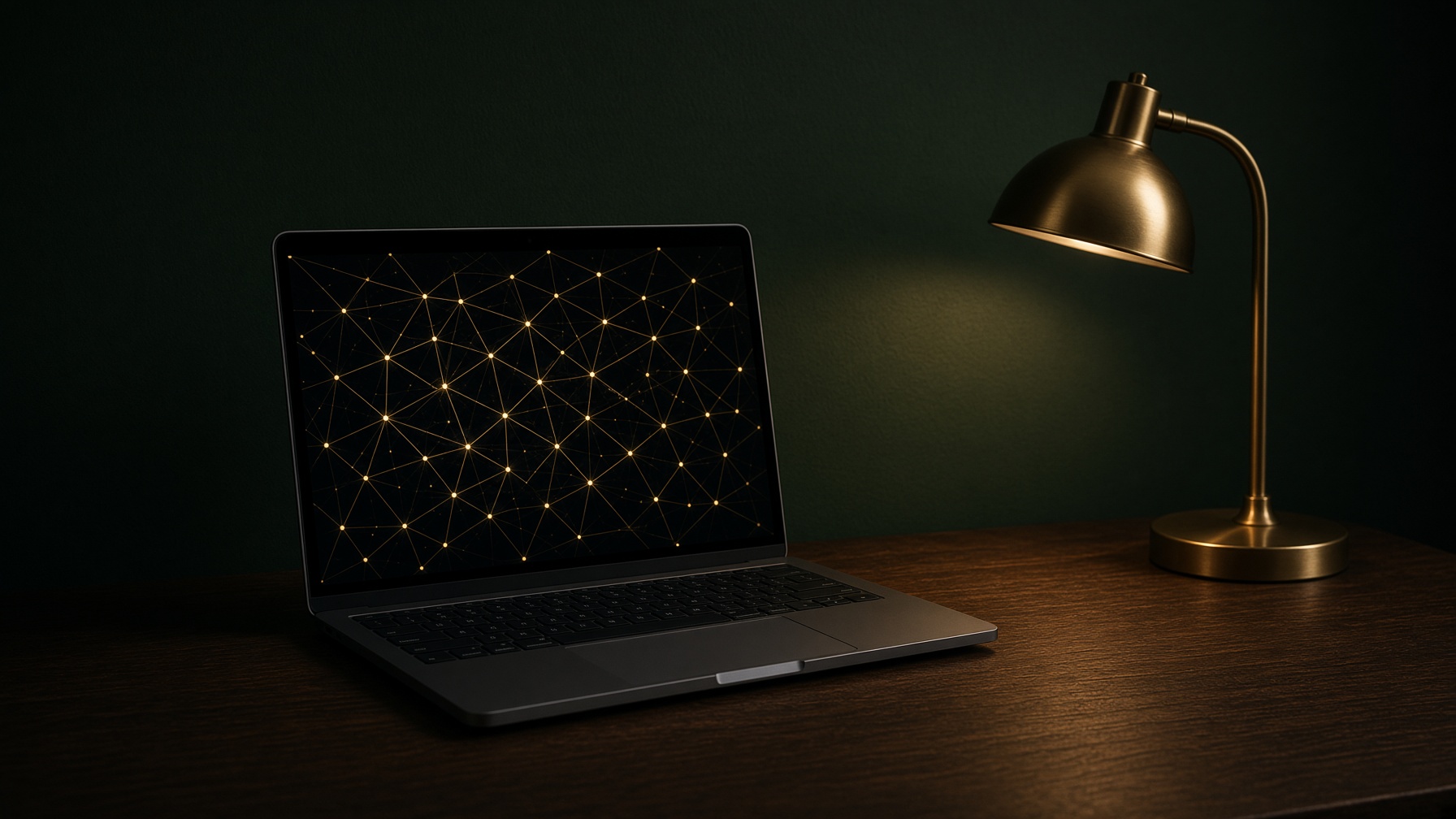 A laptop showing a gold network of connected points, with a brass lamp beside it.