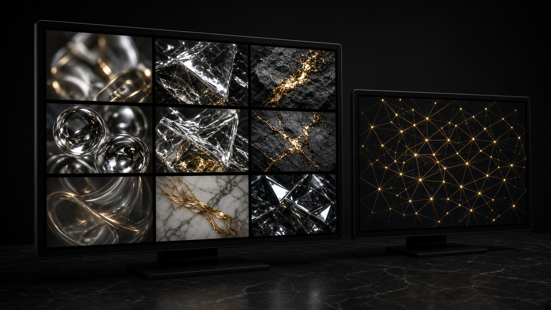 A monitor filled with abstract photographs of glass, stone and gold, beside a network screen.