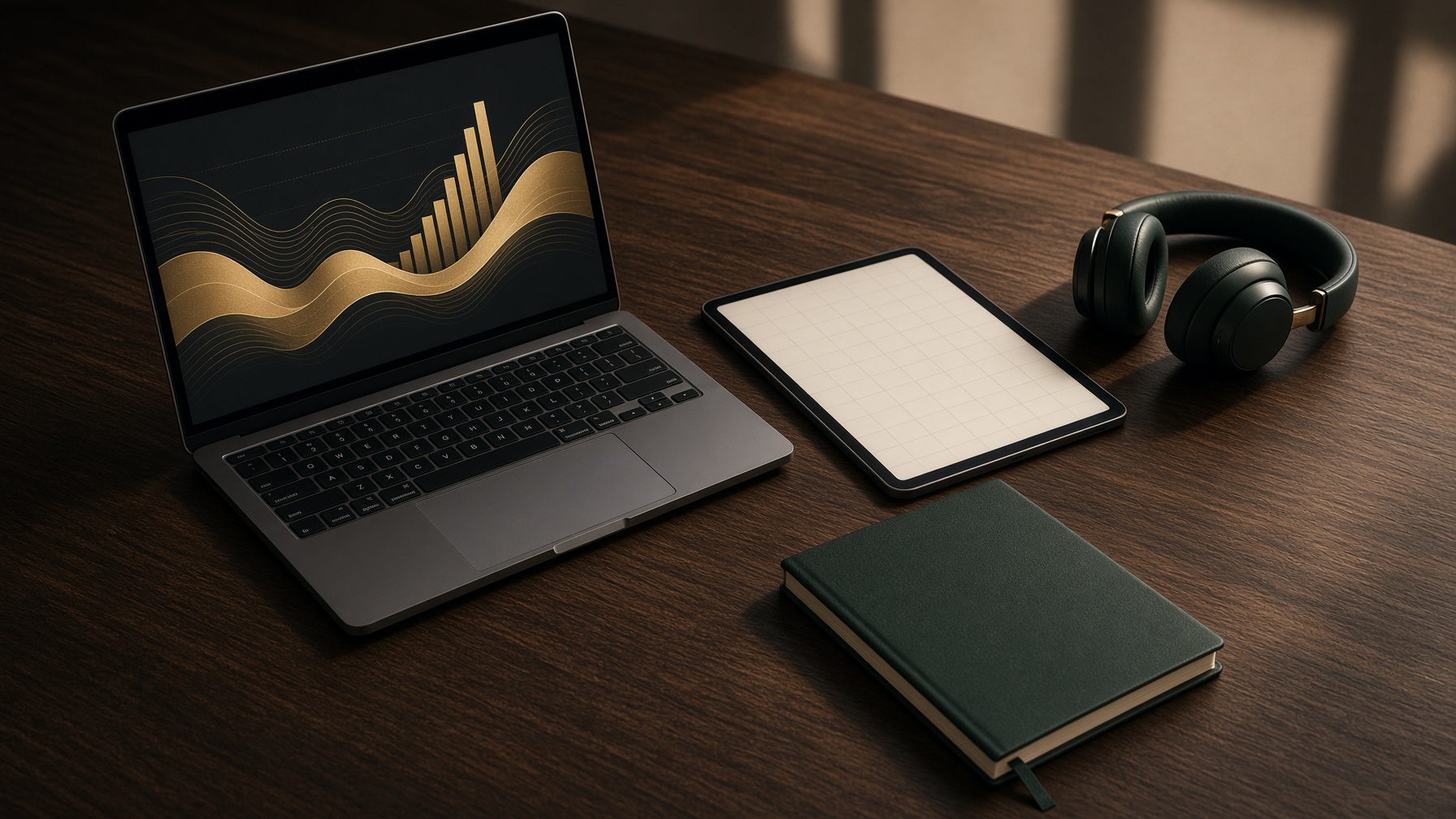 A laptop with gold charts, a tablet, headphones and a notebook on a walnut desk.