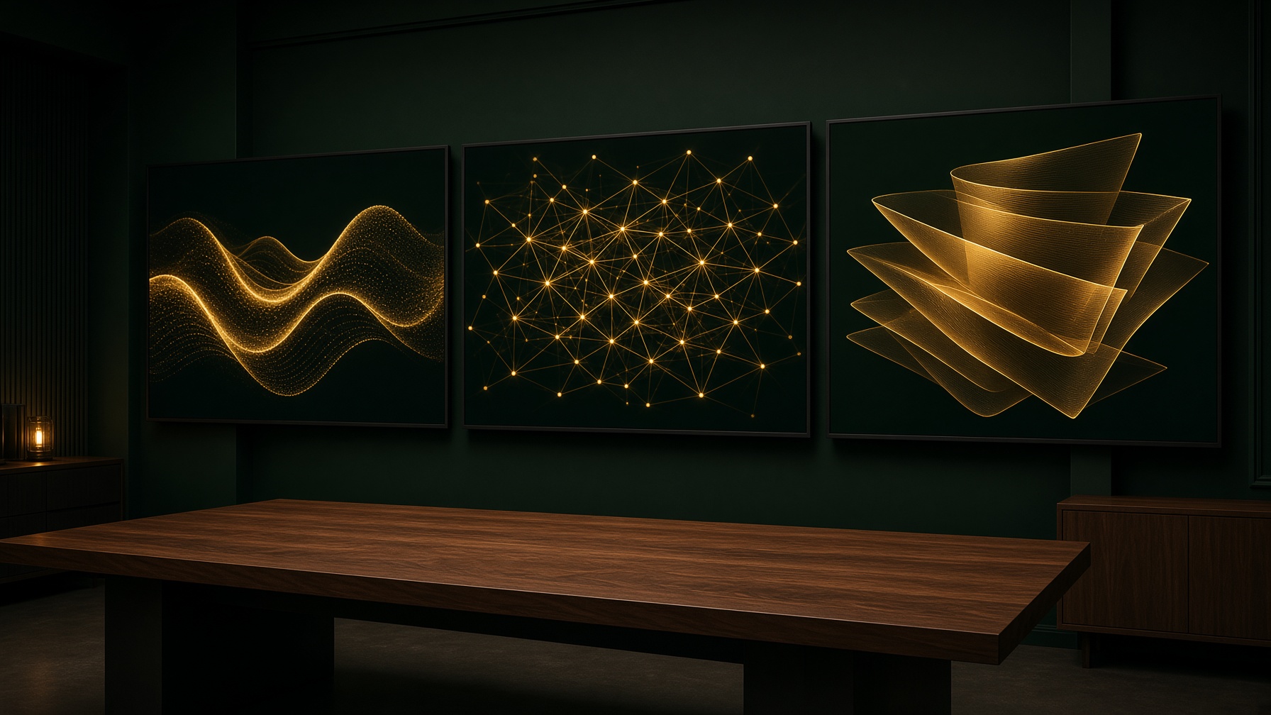 Three large displays showing gold waves, a network and stacked model layers.