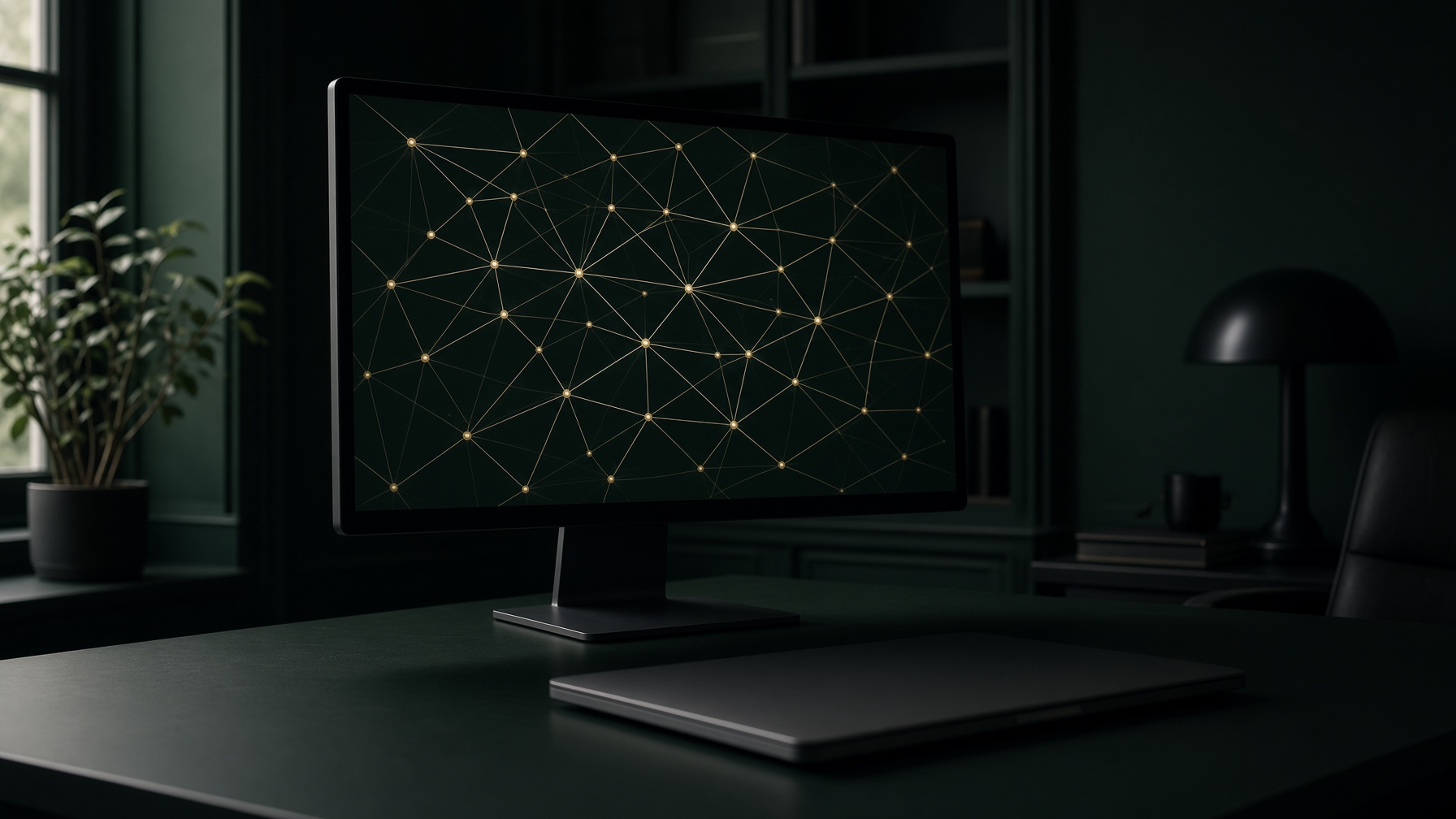 A monitor in a dark office showing a network of gold points.