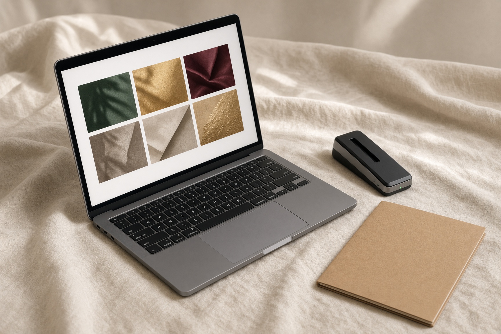 A laptop showing a small set of digital products, with a card reader and a folder beside it.
