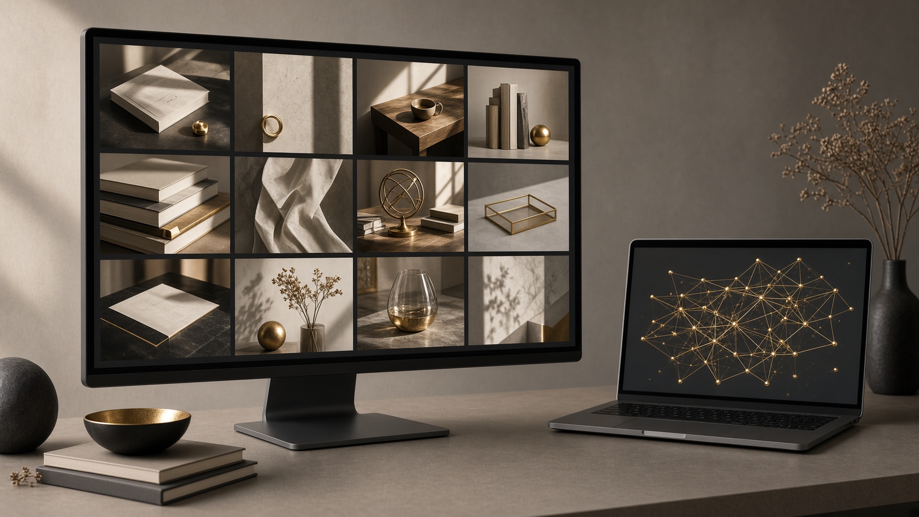 A monitor of course photographs beside a laptop showing a gold network.
