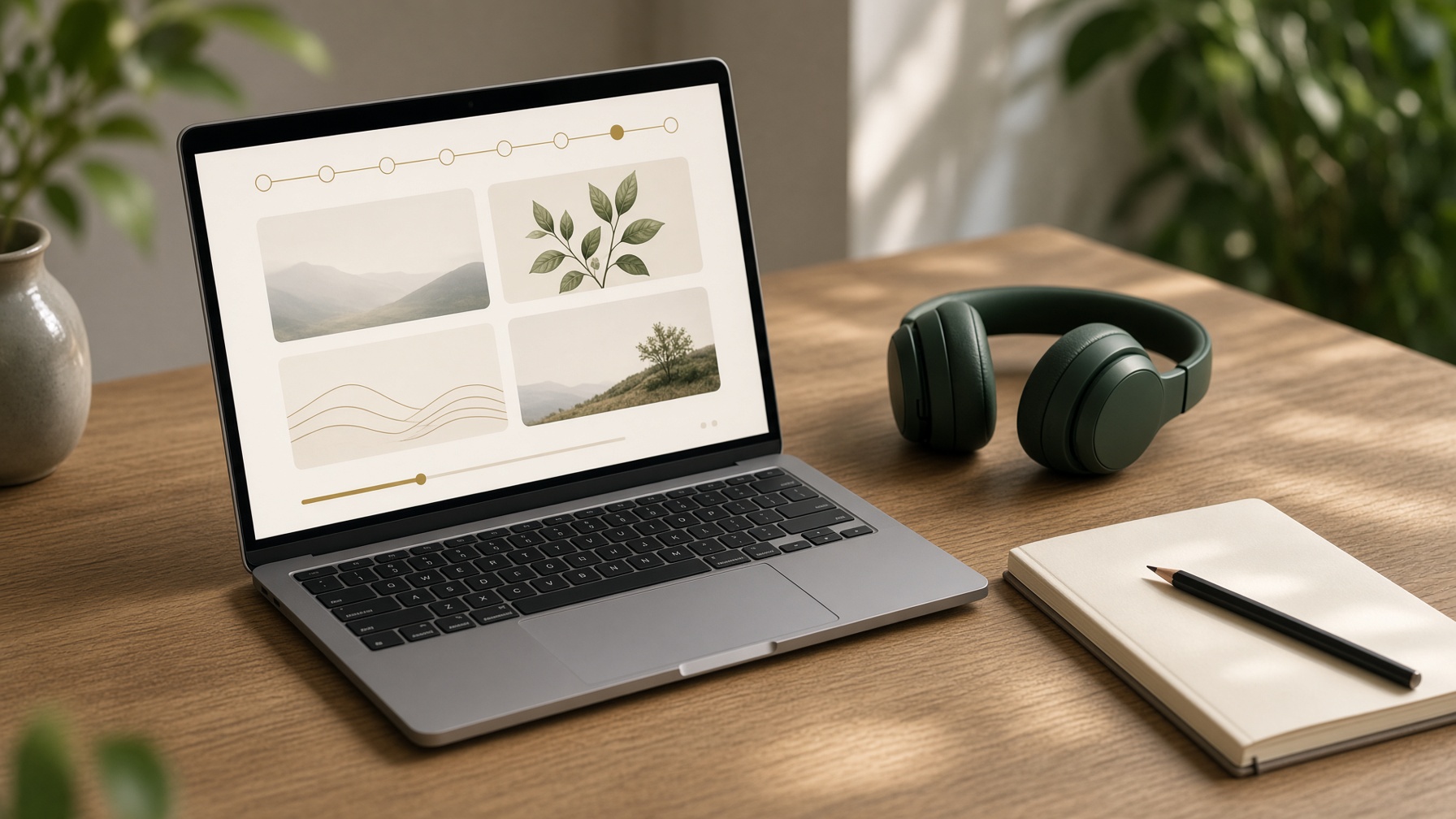 A laptop showing ivory lesson cards and a gold progress line, with headphones and a notebook.