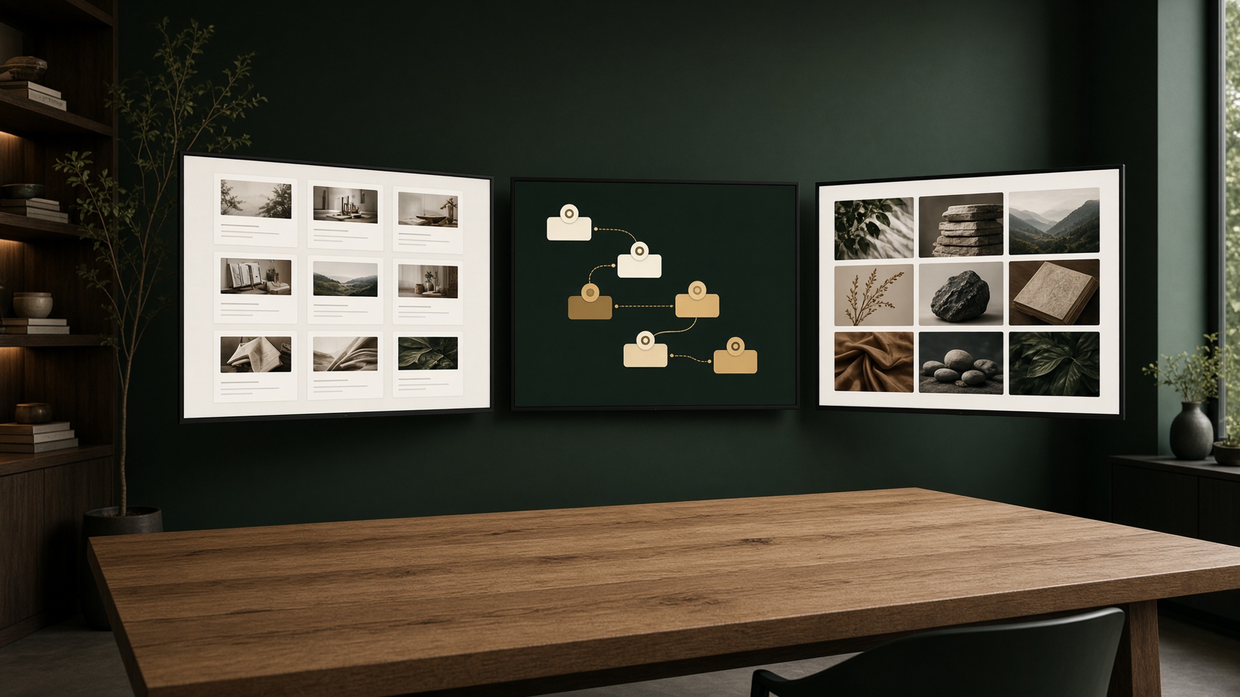 Three large displays showing lesson cards, a gold learning path and course stills.