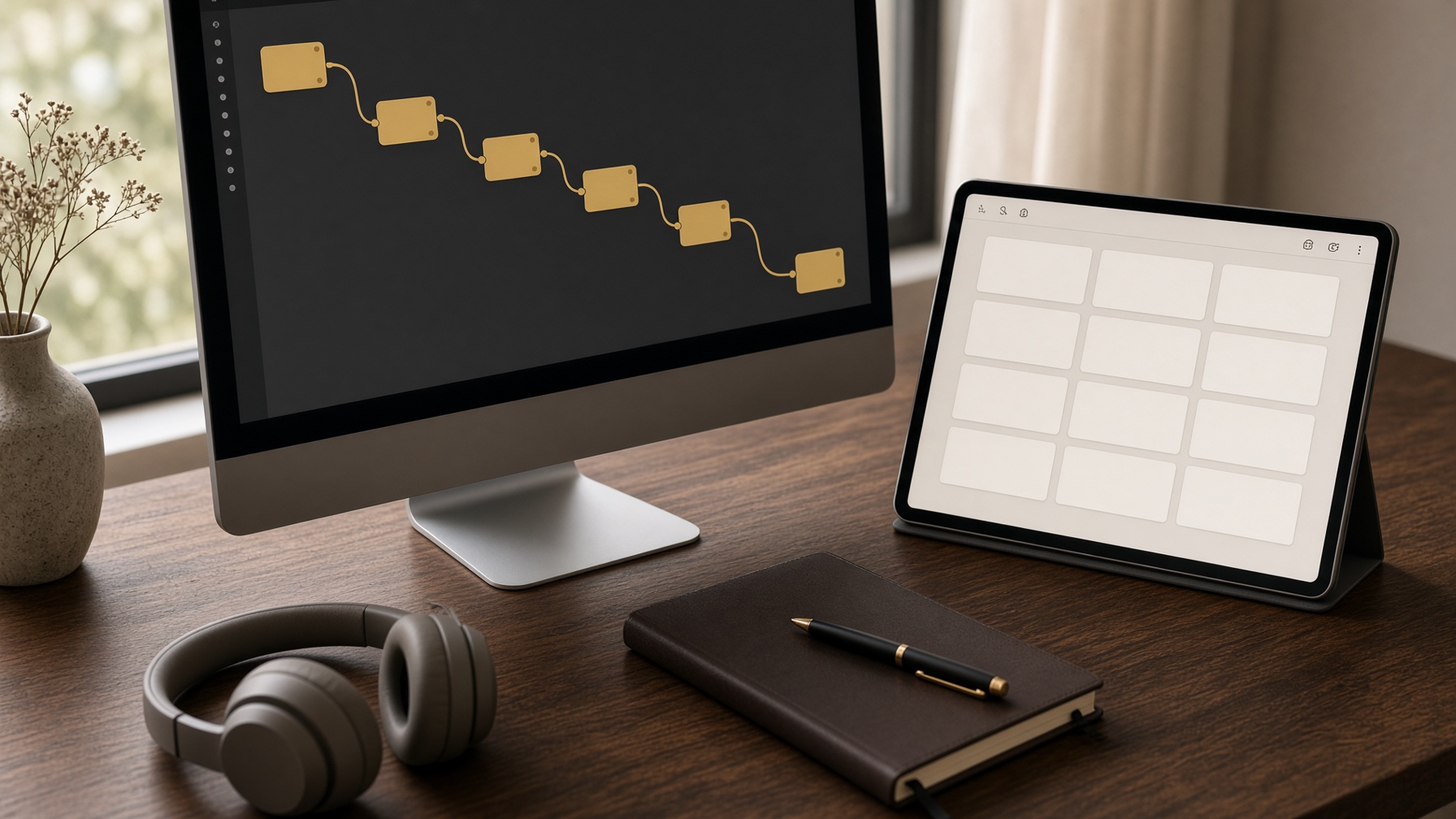A monitor with a gold lesson path and a tablet of blank module cards.