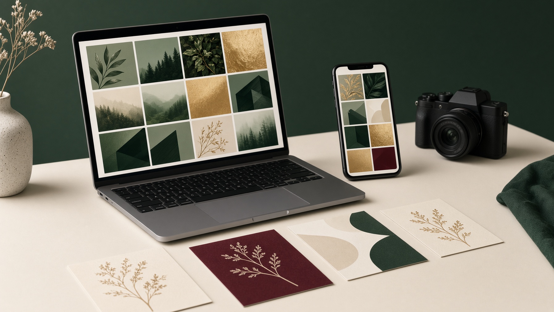 A laptop, a phone and a camera on a marketing desk.