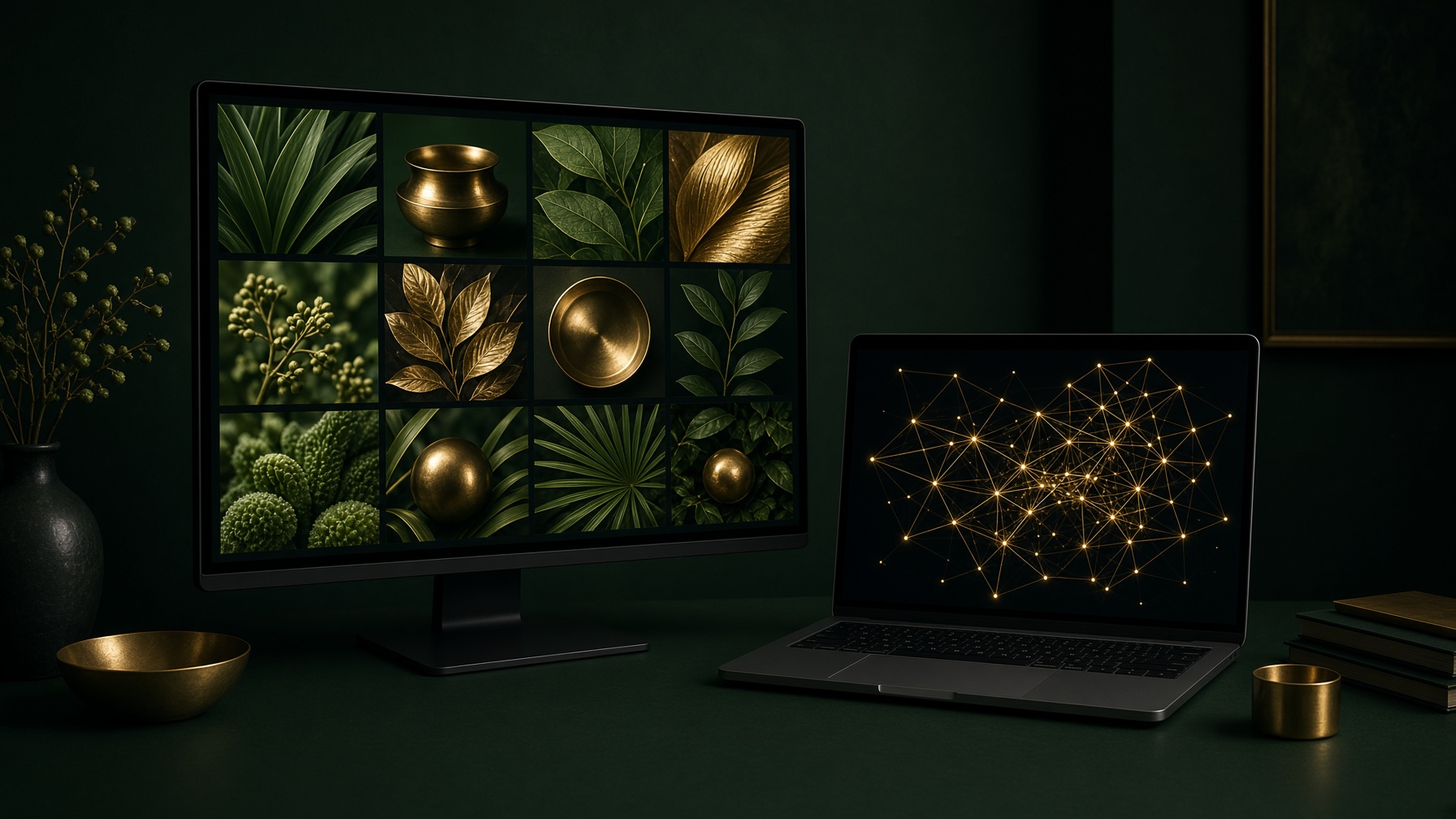 A monitor of green and gold photographs beside a laptop showing a gold network.