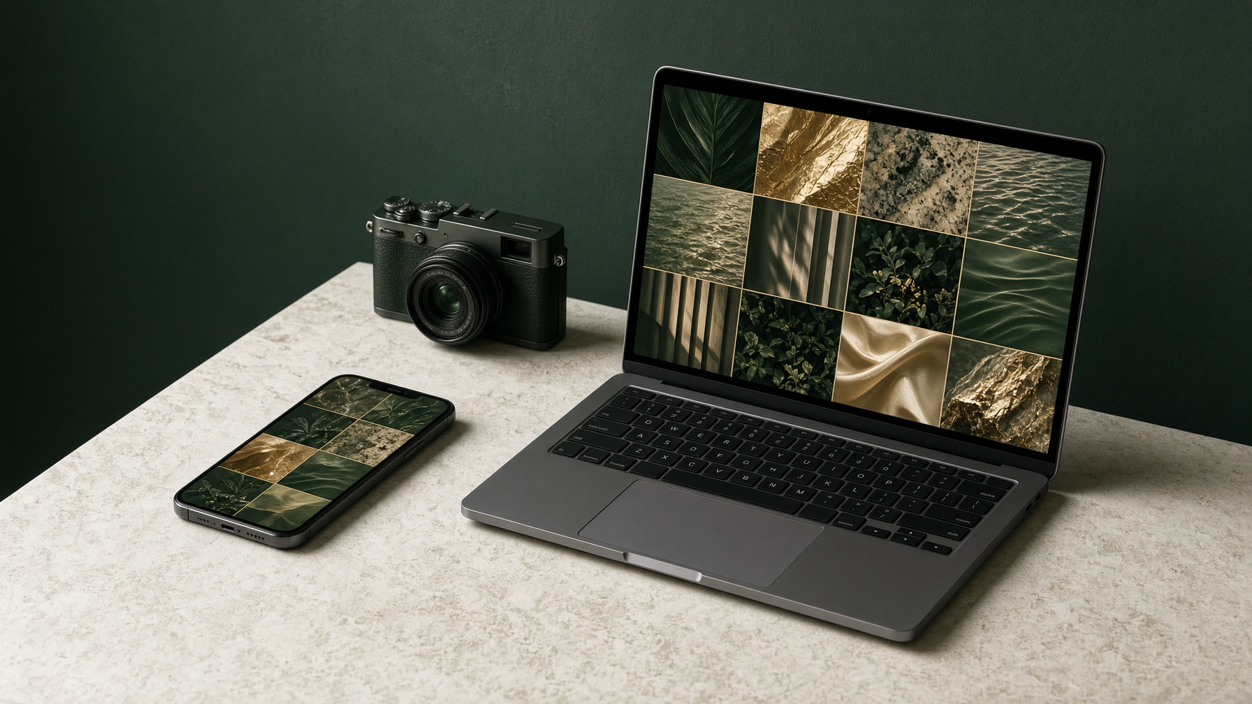 A phone and a laptop showing a green and gold campaign grid, with a camera beside them.