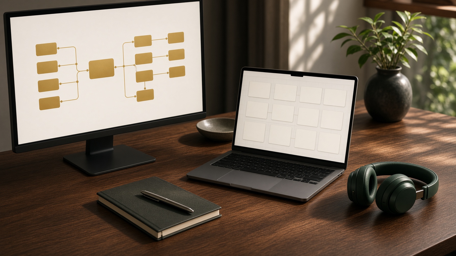 A monitor with a gold workflow and a laptop with an ivory task board.