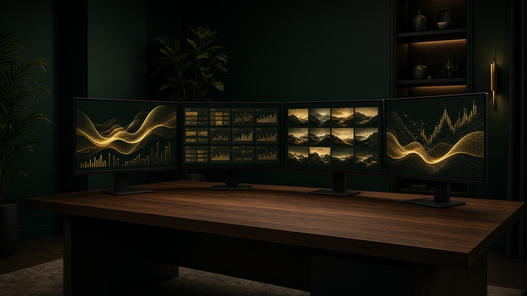 Four monitors on a walnut desk showing gold analytics and campaign images.