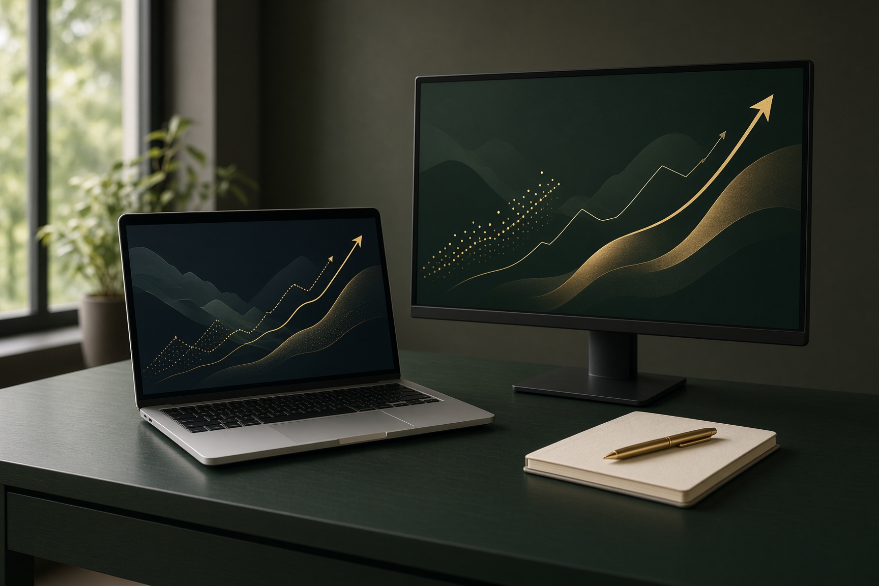 A laptop and a monitor showing a rising analytics chart.