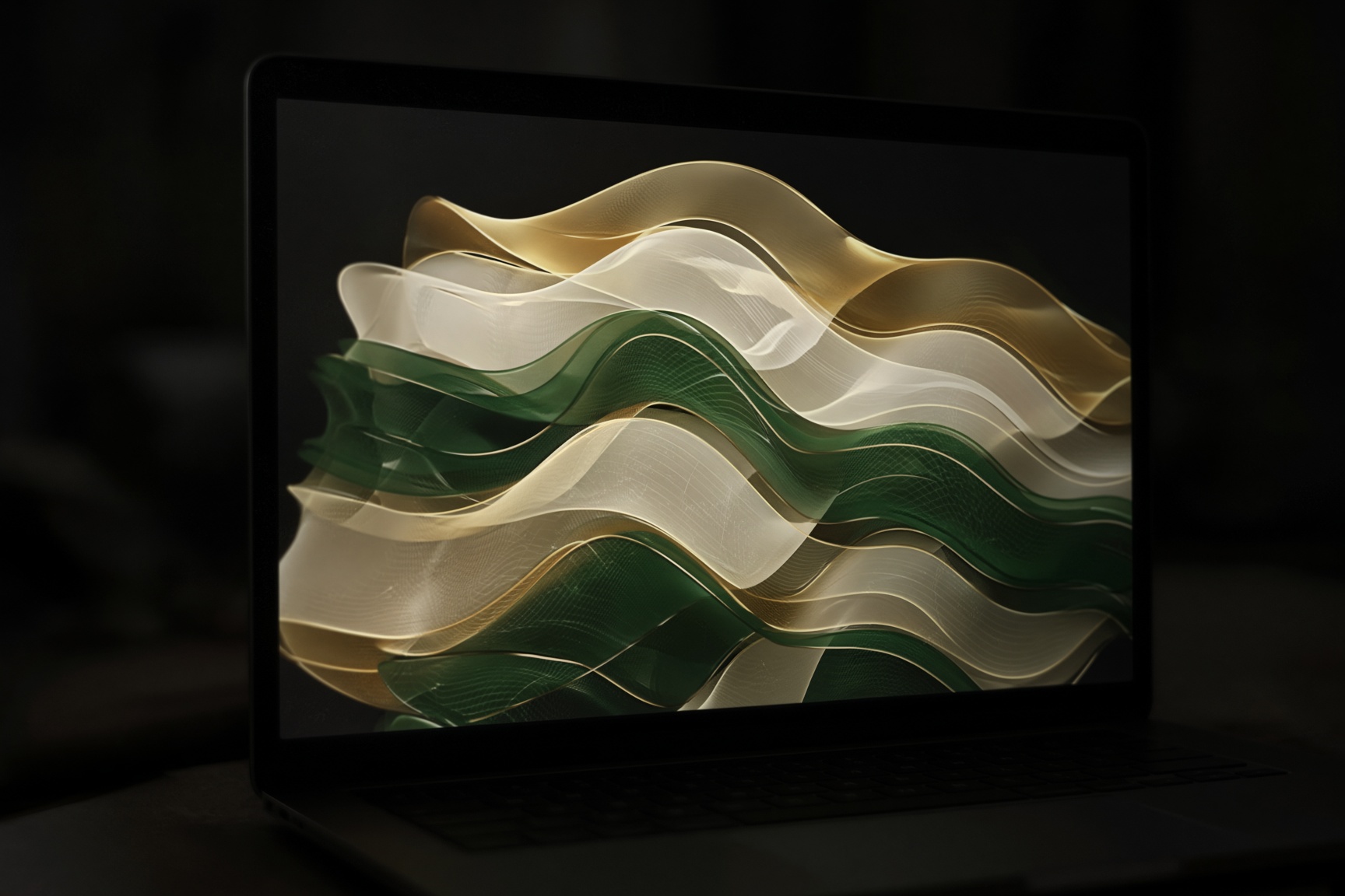 A laptop screen filled with layered gold, ivory and green forms.