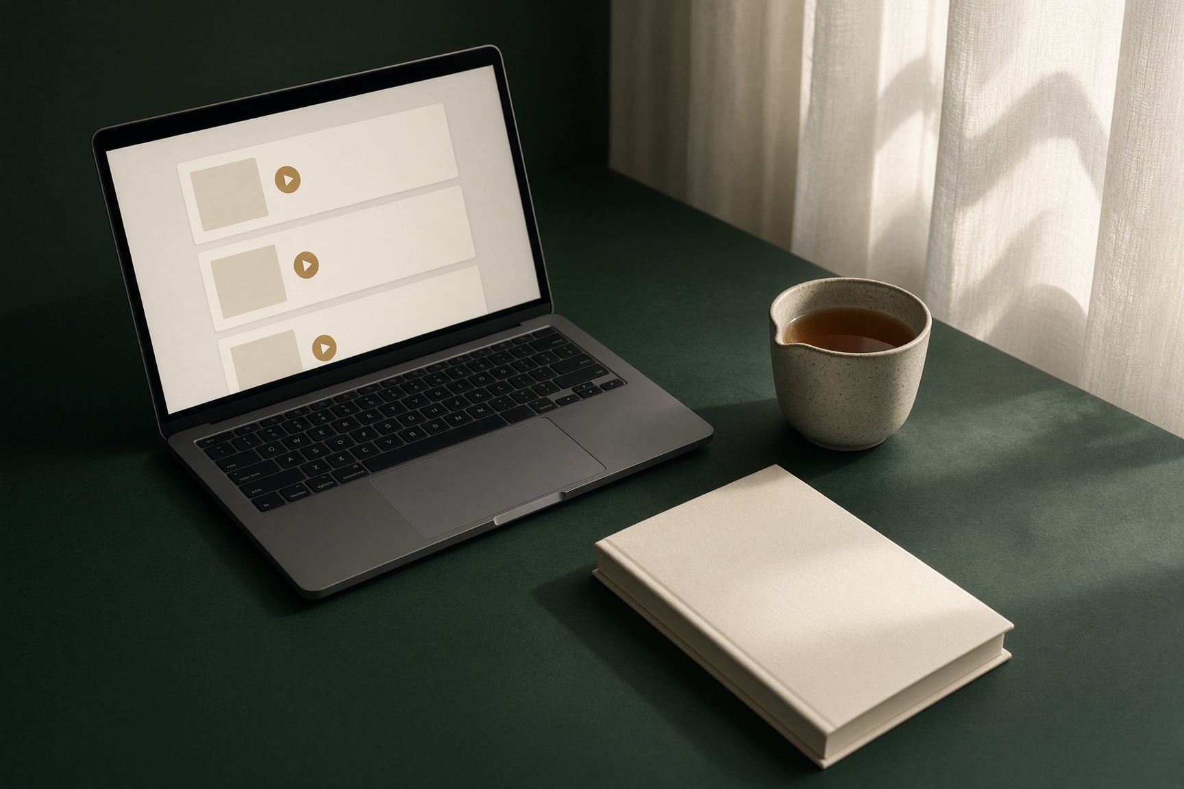 An online course on a laptop in morning light.