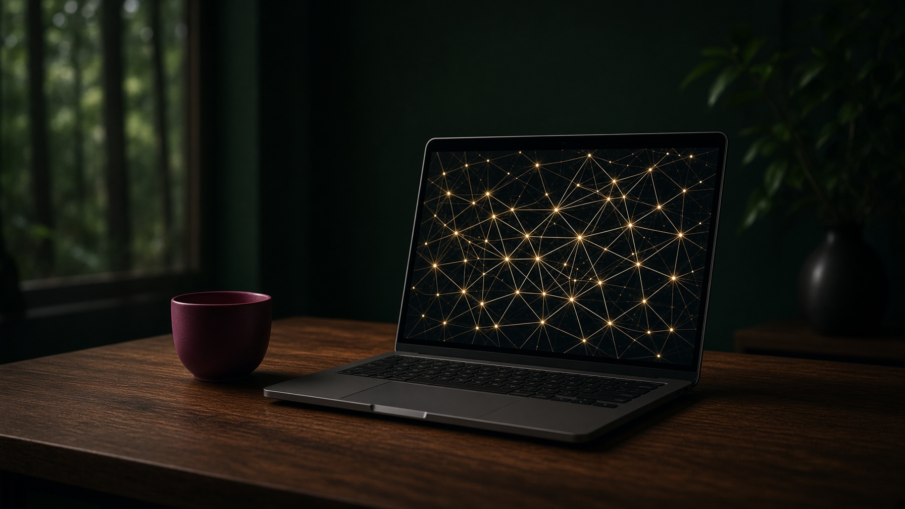 A laptop showing a gold network of connected points.